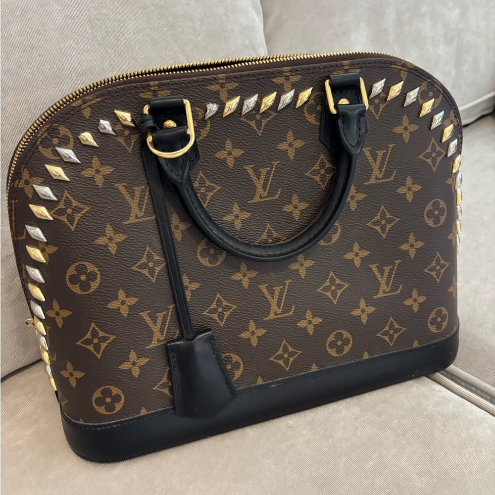 Louis Vuitton Studded Alma PM Brown and Black Monogram Satchel As Is